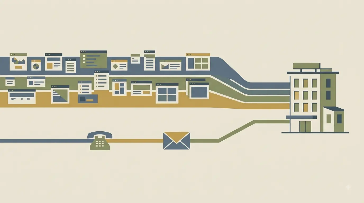 Illustration comparing an OTA booking path and a direct booking path arriving at the same small hotel.