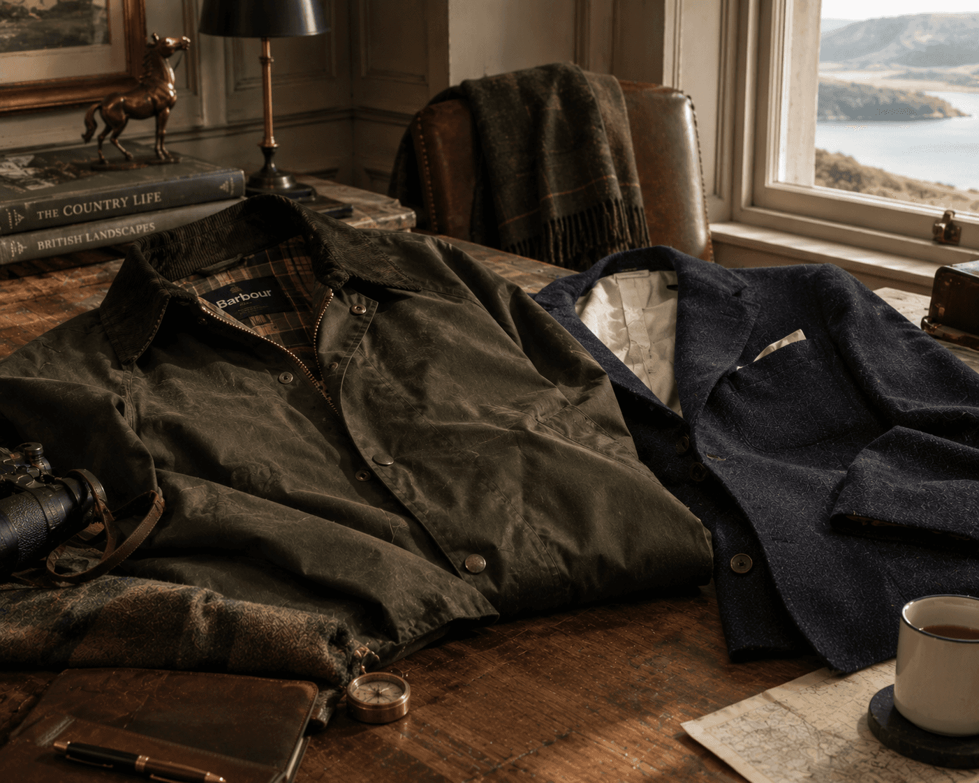 A refined country estate flatlay on a rustic wooden tabletop featuring an olive green Barbour waxed jacket with a dark corduroy collar and plaid lining alongside a dark navy tweed sport coat with a patterned pocket square. The scene includes vintage-inspired travel and country lifestyle items: vintage binoculars, a brass pocket compass, a leather journal with a brass pen, coffee books, a white ceramic mug, and a leather armchair in front of a window overlooking a scenic lake and hill landscape.