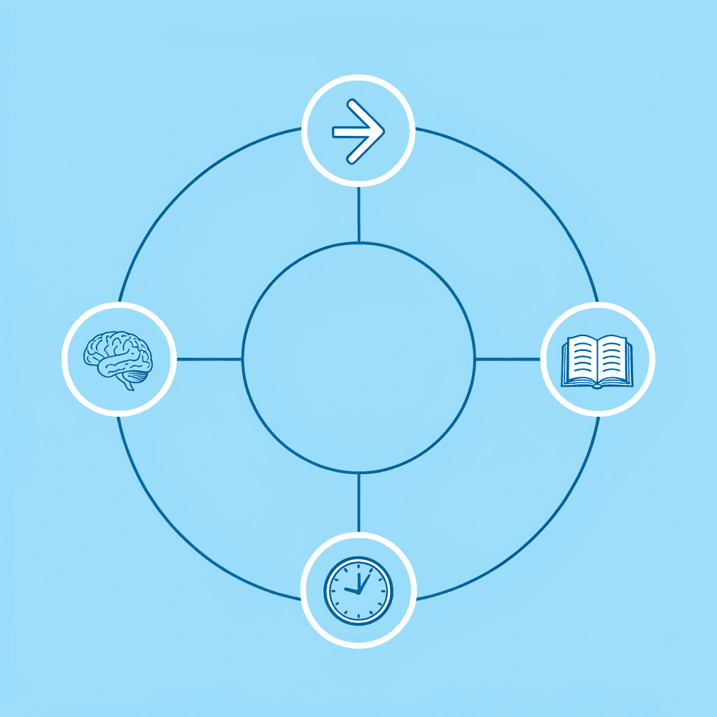 Central theme icon connected to four subject areas: math, science, literacy, and social skills