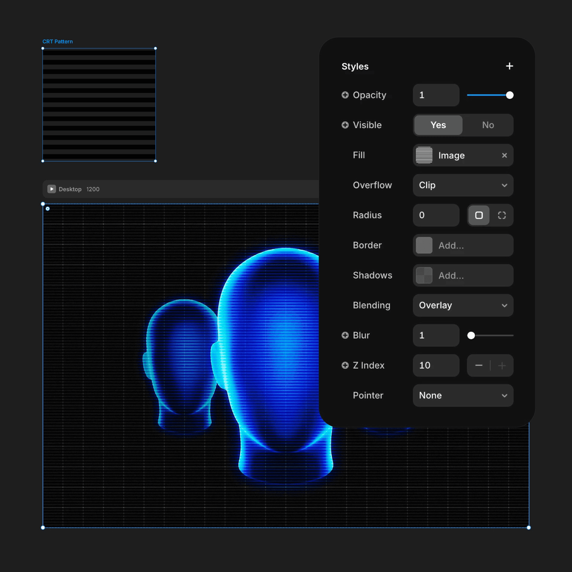 Framer Styles panel over neon heads canvas
