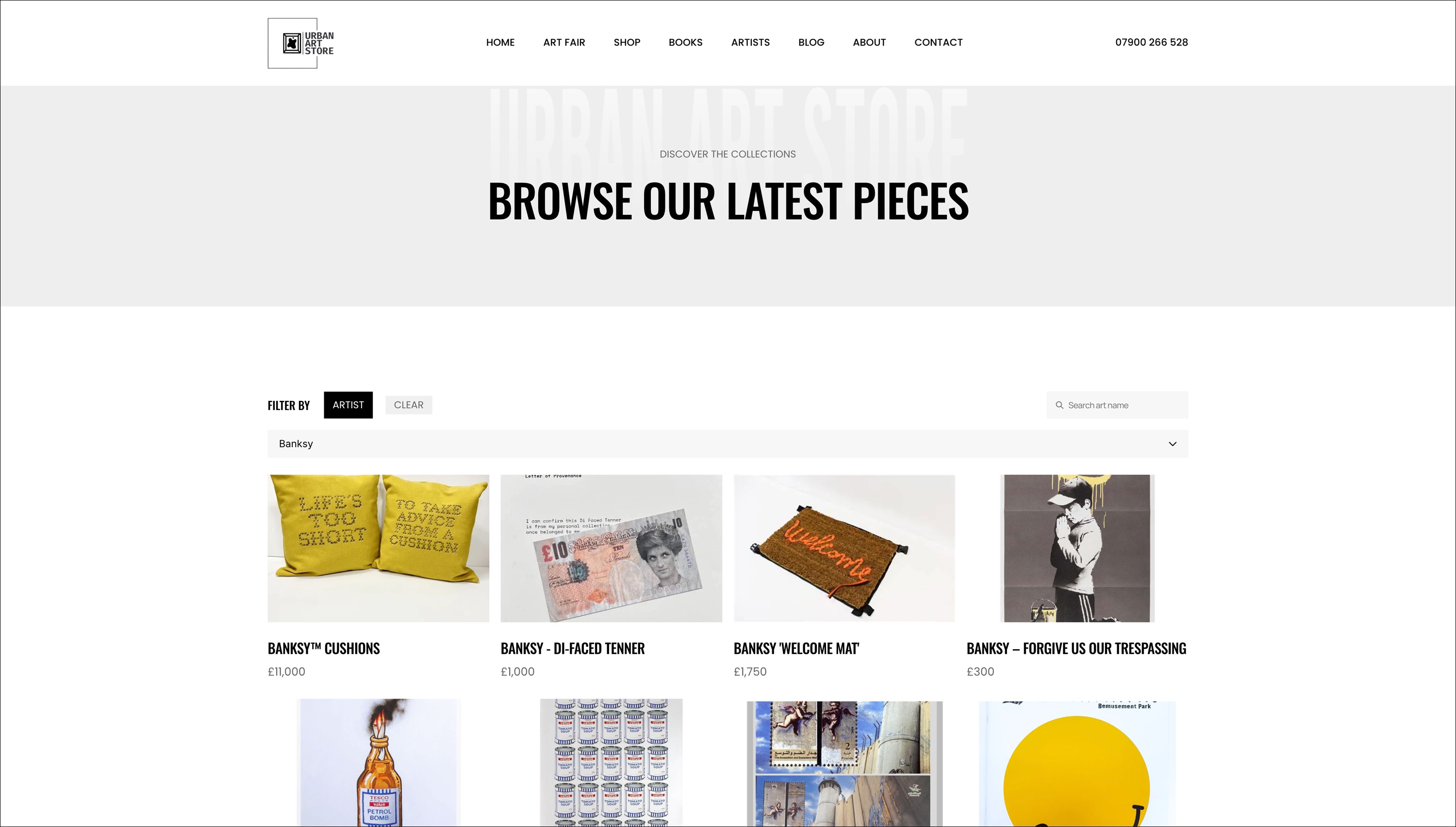 Urban Art Store online gallery shop page displaying artwork collections available for purchase