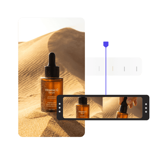 Animated product ad timeline with video editing controls and motion graphics preview.