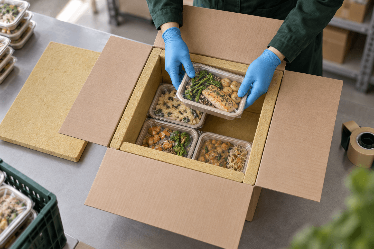 Verpackte Lebensmittel werden in eine Waldbox eingesetzt – KI-generierte Anwendungsszene.