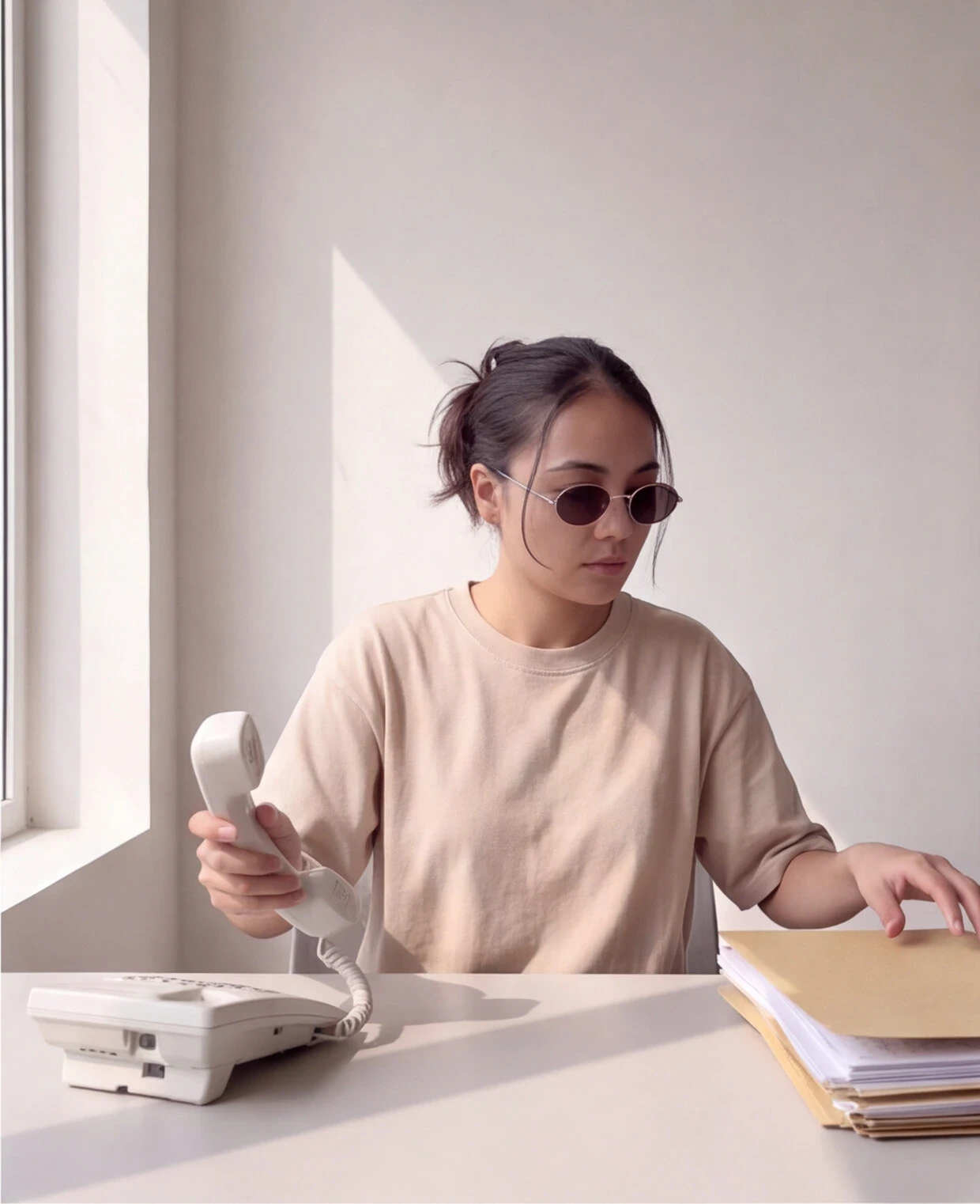 A woman in a red sweater uses a headset while talking on the phone, focused and seated at a desk.