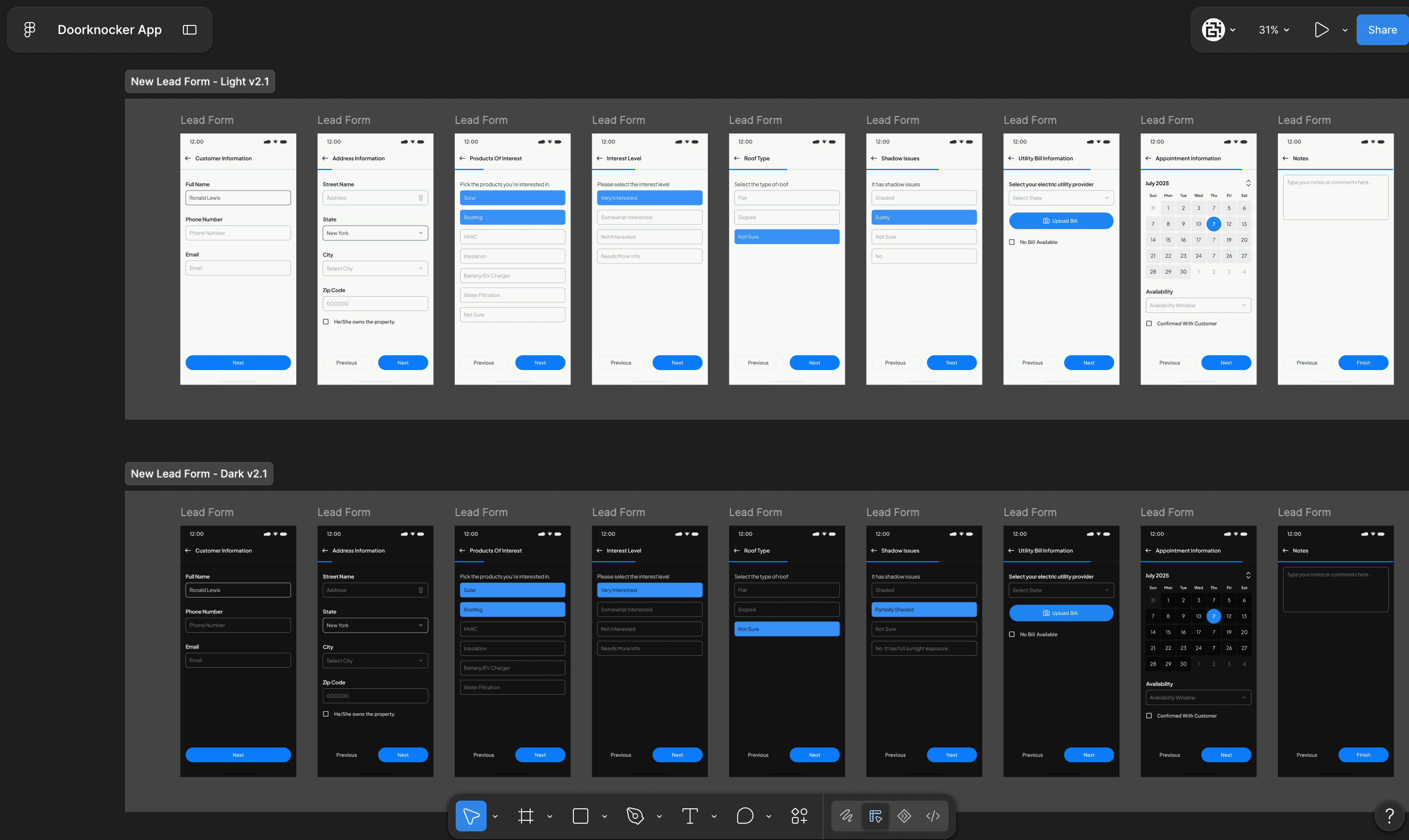 Doorknocker. Flow Prototype - Add new lead. Light mode and dark mode.