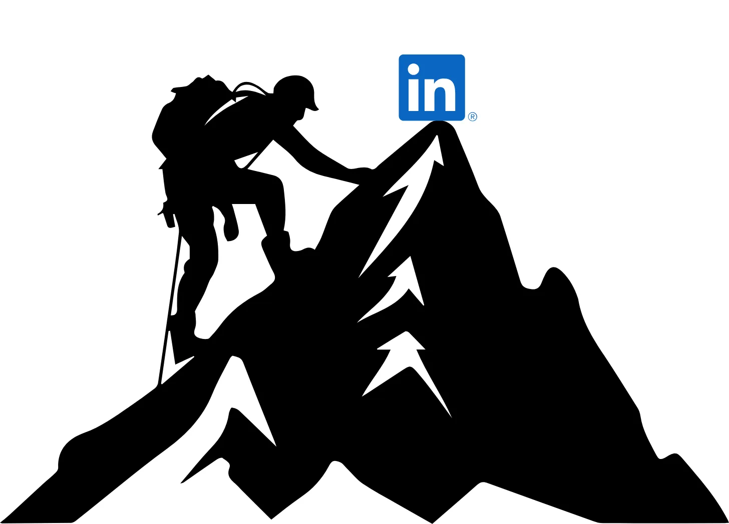 The image shows a man climbing a mountain with a LinkedIn logo at the summit.