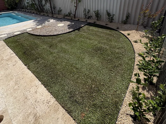 Curved lawn, gravel planting beds and stepping stones beside a pool.