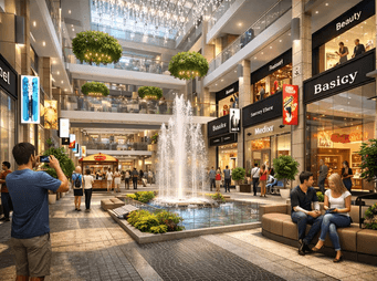 Sunlit multi-level commercial atrium with glass skylights and modern escalators in Sector 71