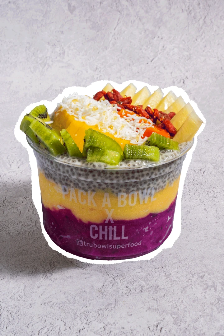 A vibrant product photo of a superfood bowl with a custom graphic texture applied