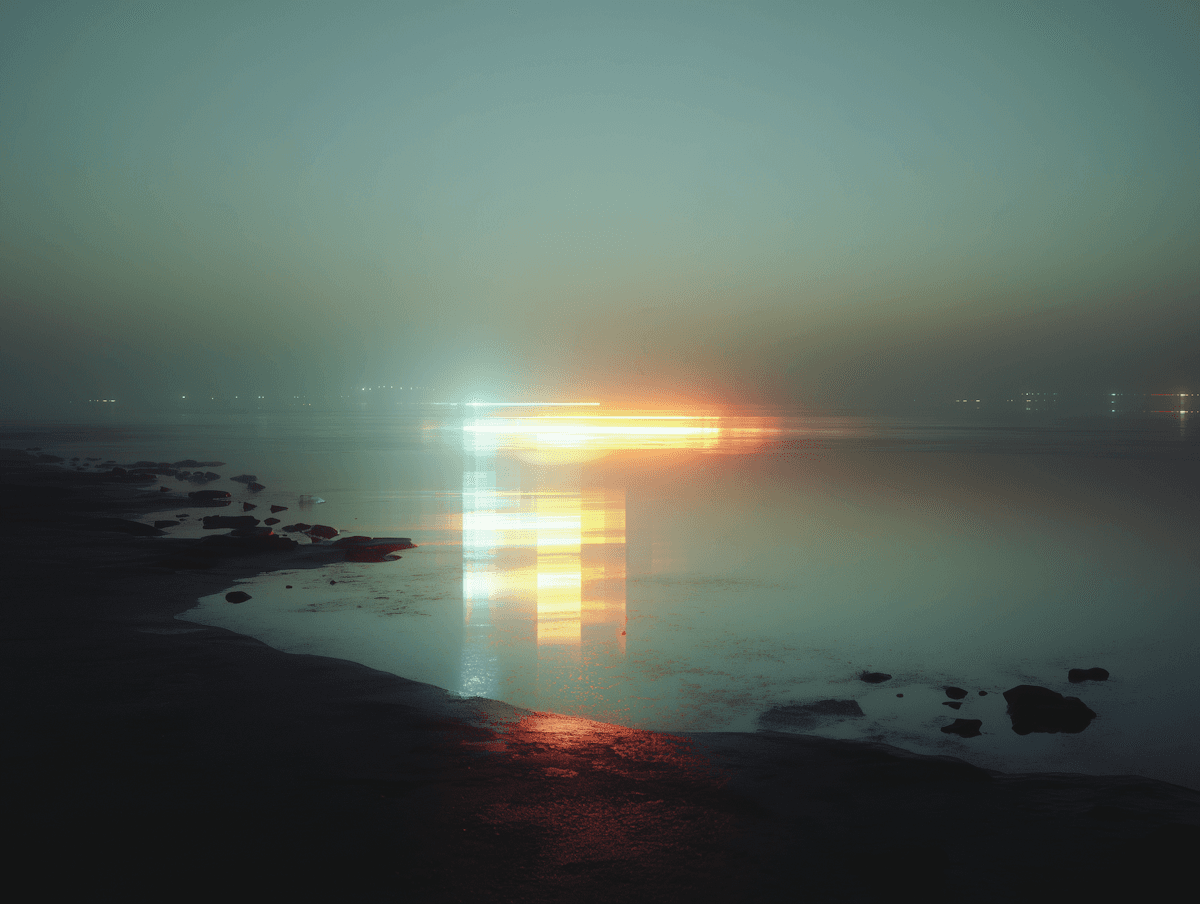 Serene coastal reflection with glowing lights