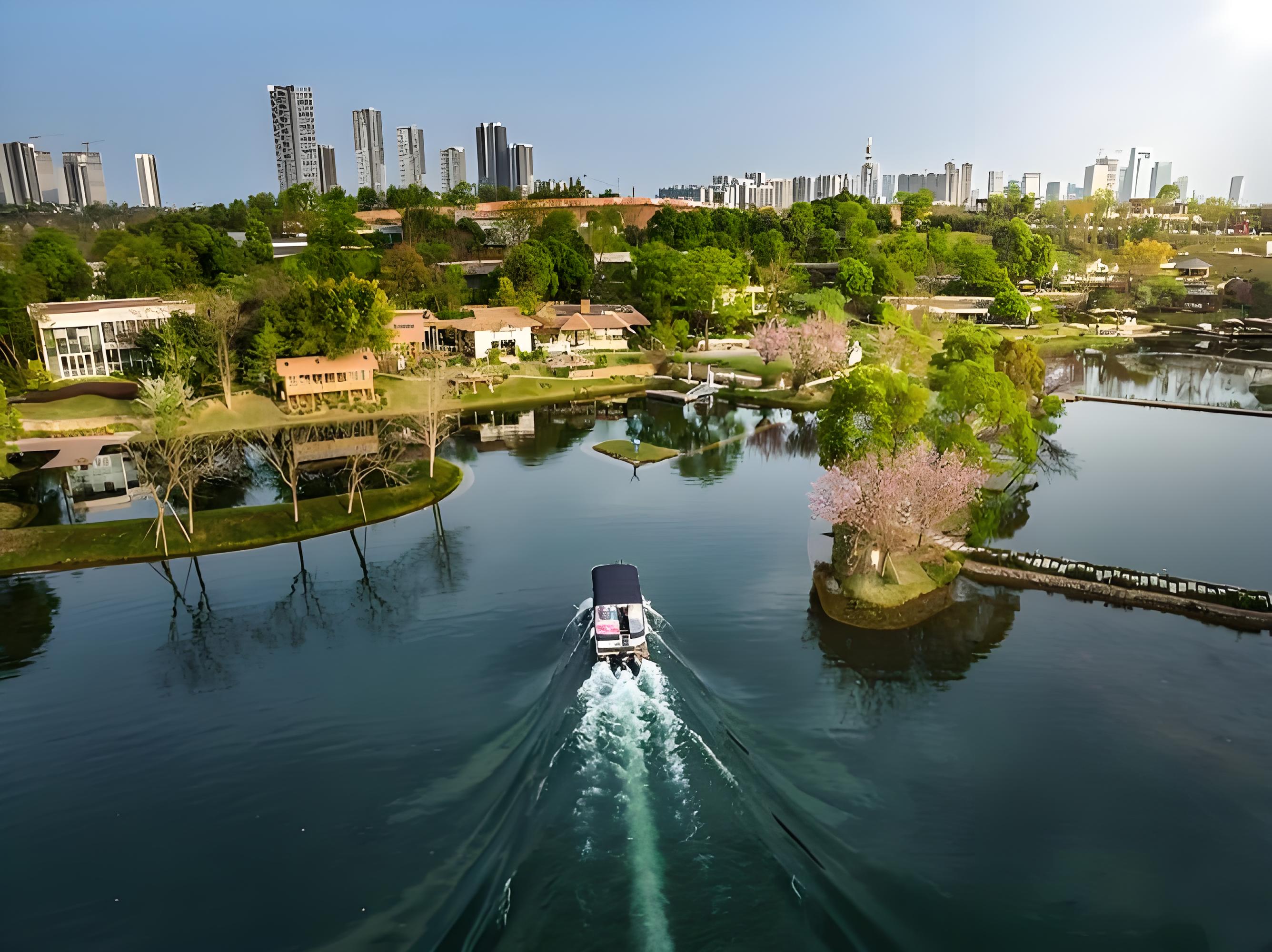 Chengdu City Day Tour covers Du Fu Thatched Cottage, Luhu Lake and New Century Global Centre.4