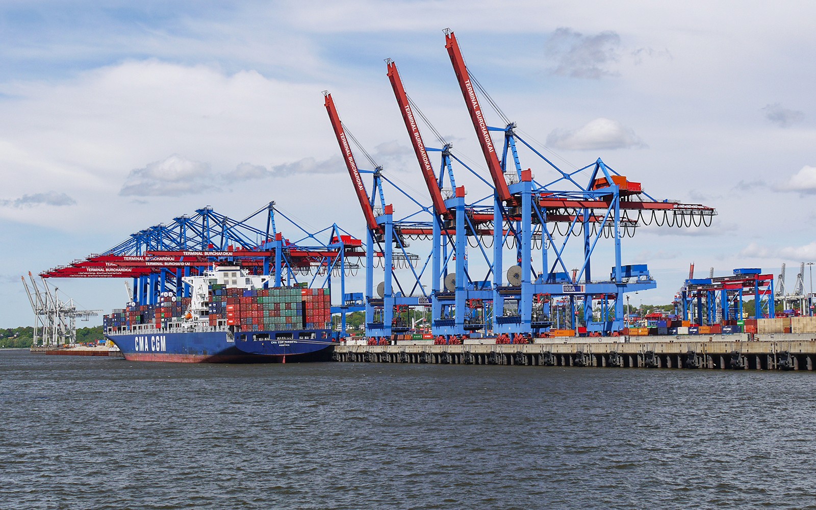 Container ship at Hamburg port near Elbphilharmonie during guided tour.