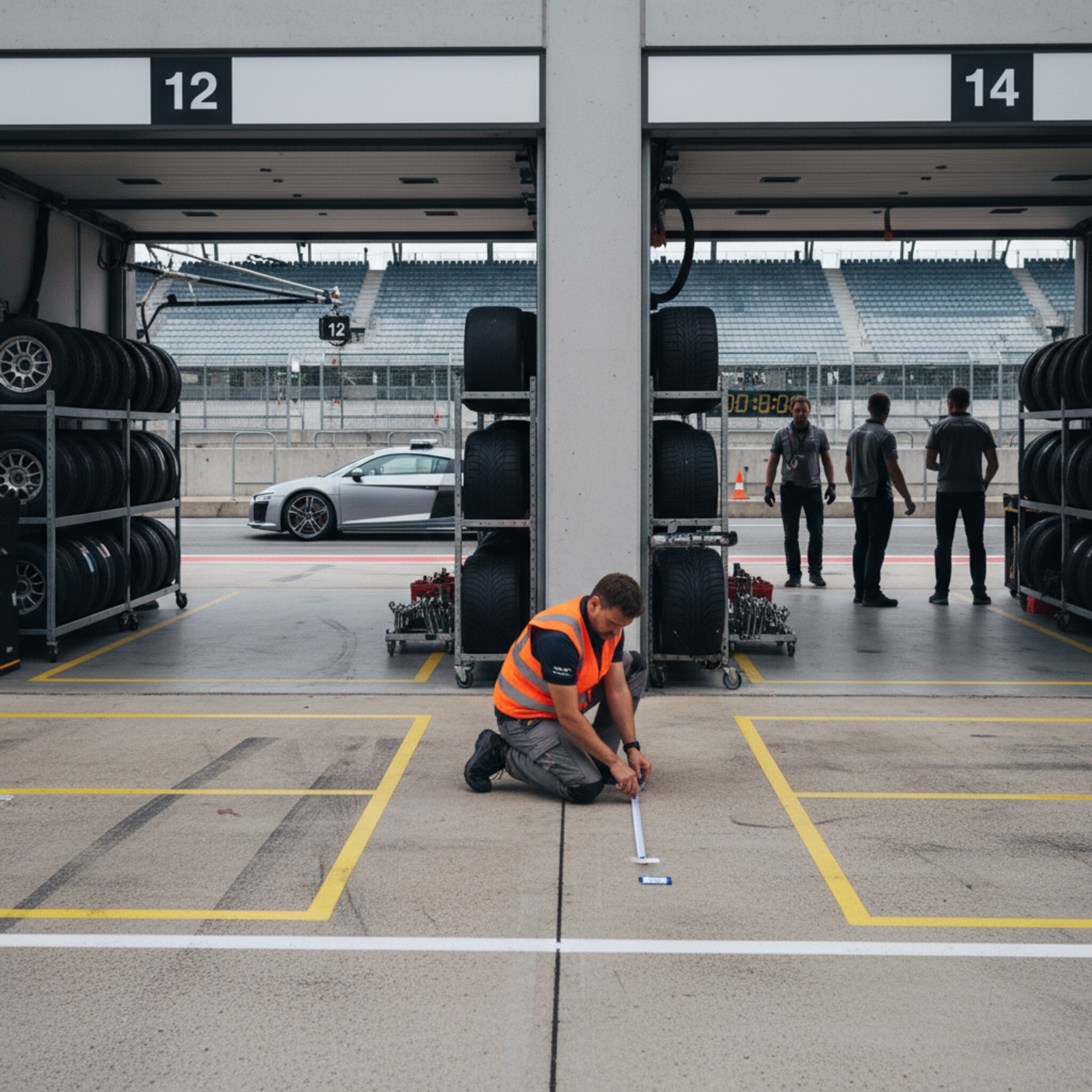 Ein ruhiger Boxenbereich mit zwei geöffneten Toren, sauber ausgerichtete Reifenstapel und nummerierte Boxenschilder. Ein Koordinator legt Markierungen für Fahrzeugpositionen, während ein Sicherheitsfahrzeug im Hintergrund bereitsteht. Die Szene vermittelt Struktur, Professionalität und klare Abläufe für ein geschlossenes OEM-Event.