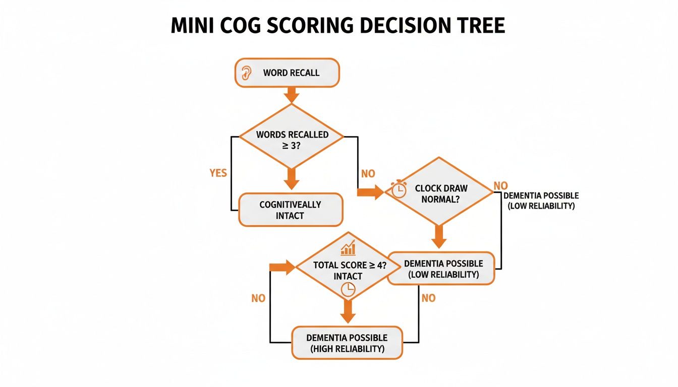 Mini-Cog scoring decision tree flowchart showing steps to determine cognitive intactness or possible dementia.