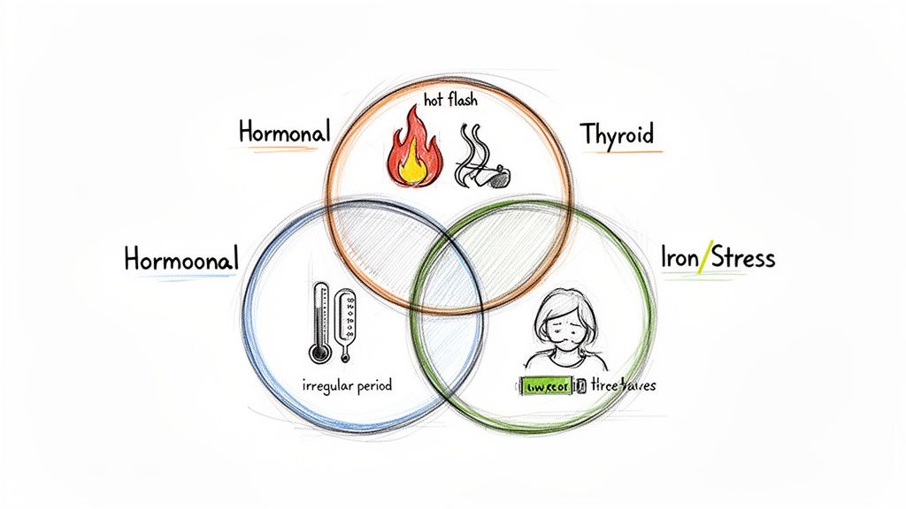 Venn diagram linking hormonal, thyroid, iron, and stress factors to symptoms like hot flashes, irregular periods, and fatigue.