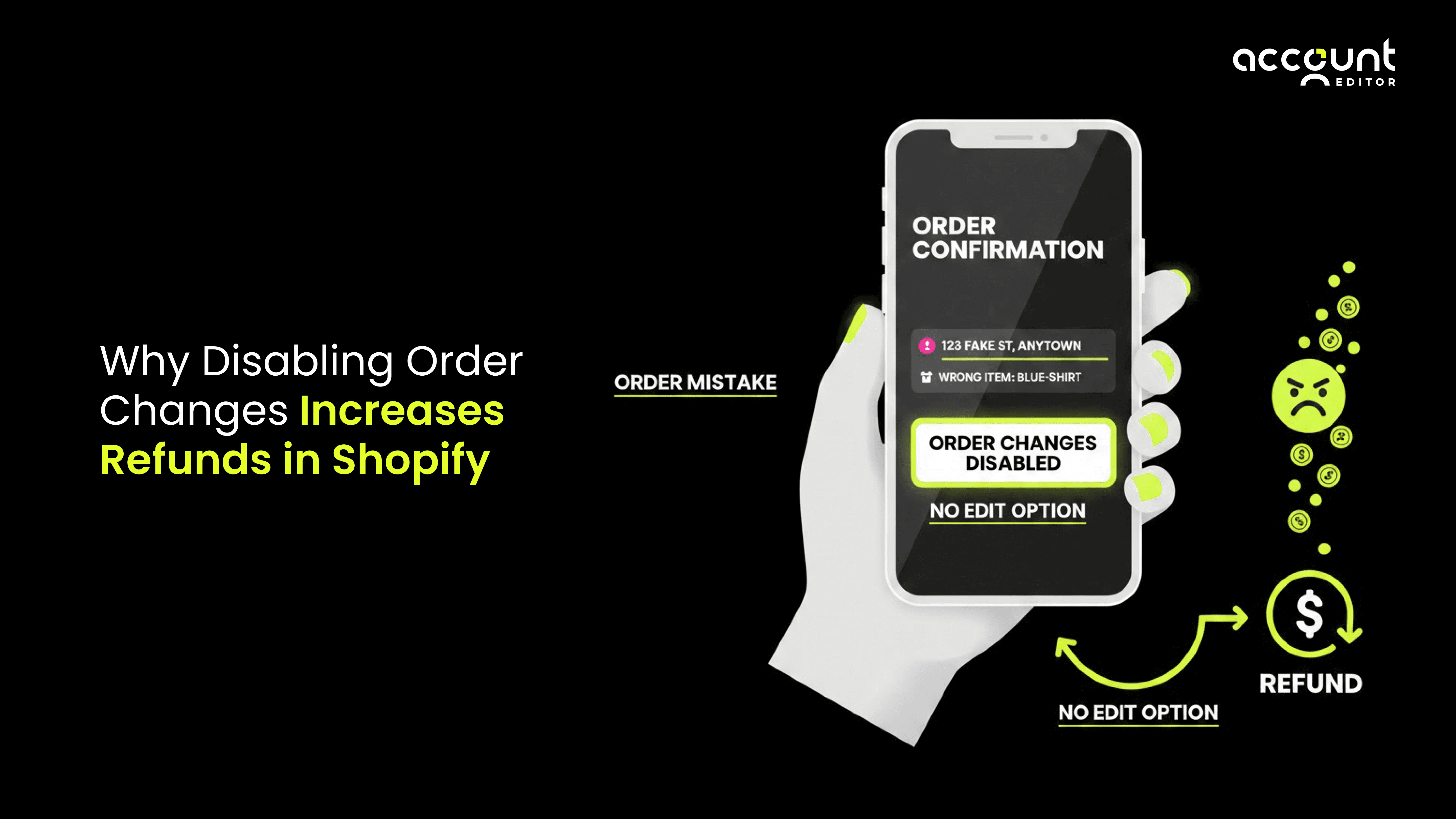  Illustration showing why disabling order changes in Shopify increases refunds when customers cannot edit mistakes after checkout.