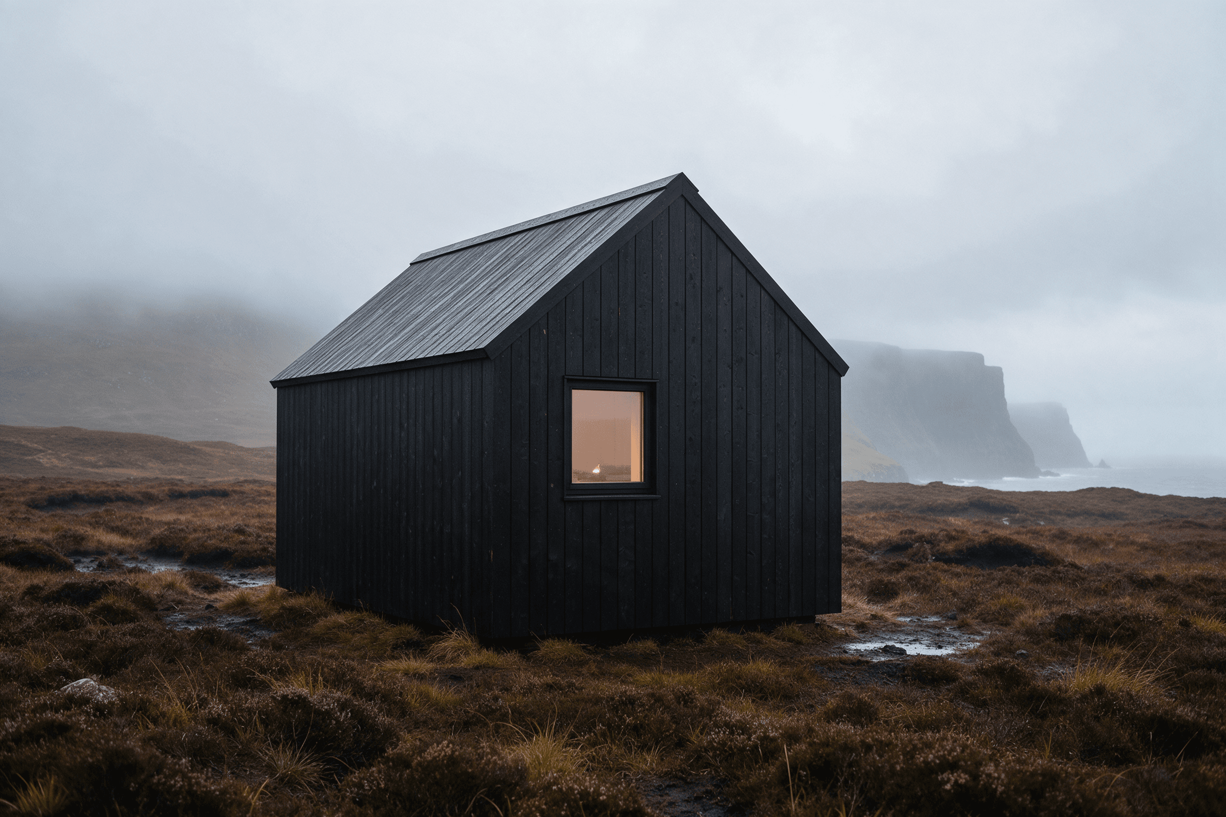 Black timber cabin on a misty peat moor with heather and distant sea cliffs, Isle of Skye