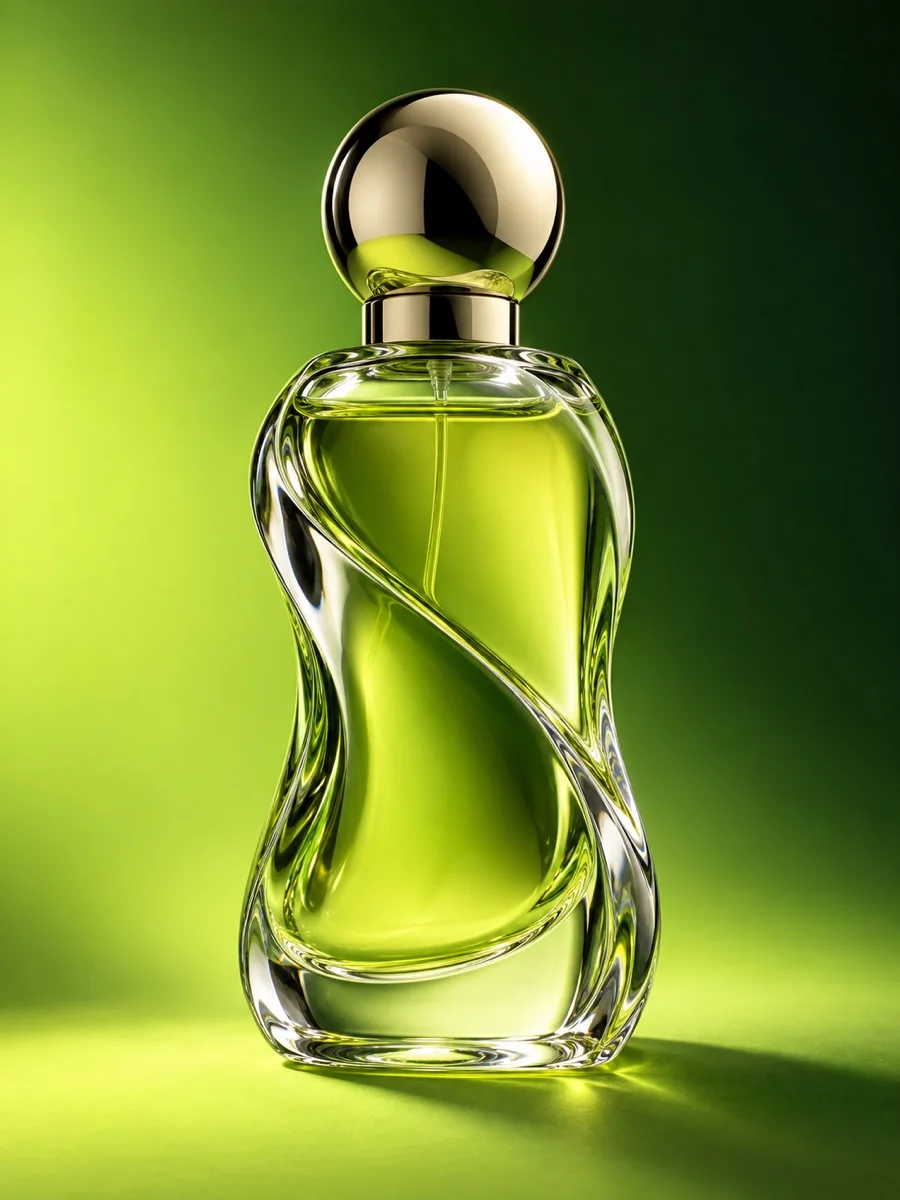 Sculptural clear fragrance bottle on a vivid lime and forest background