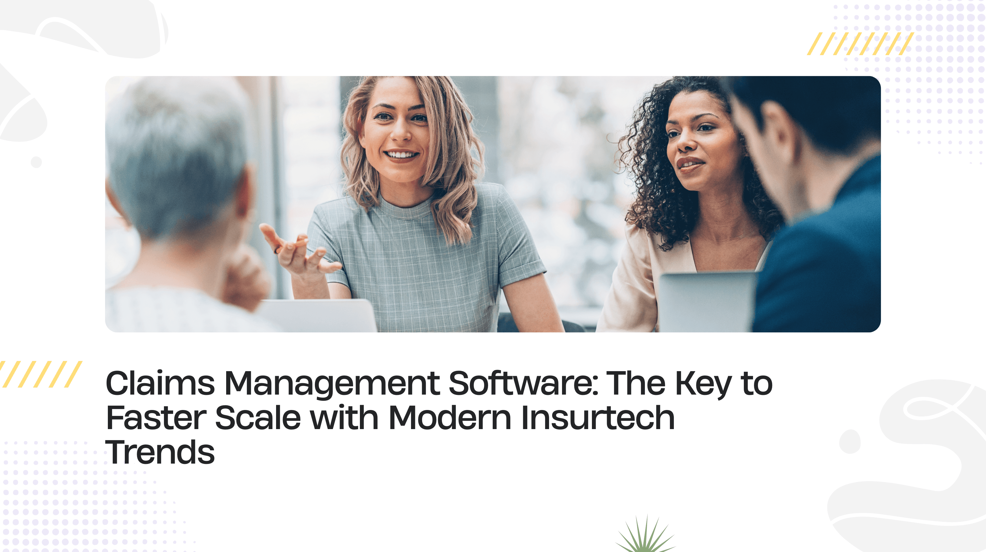 Insurtech claims management software demonstrating increased efficiency by contrasting a chaotic, paper-heavy desk (crossed out) with a diverse, collaborative team using digital tools for fast and automated claims processing.