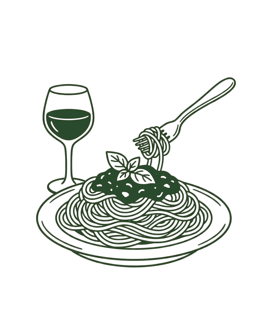 illustration of pasta and a glass of wine