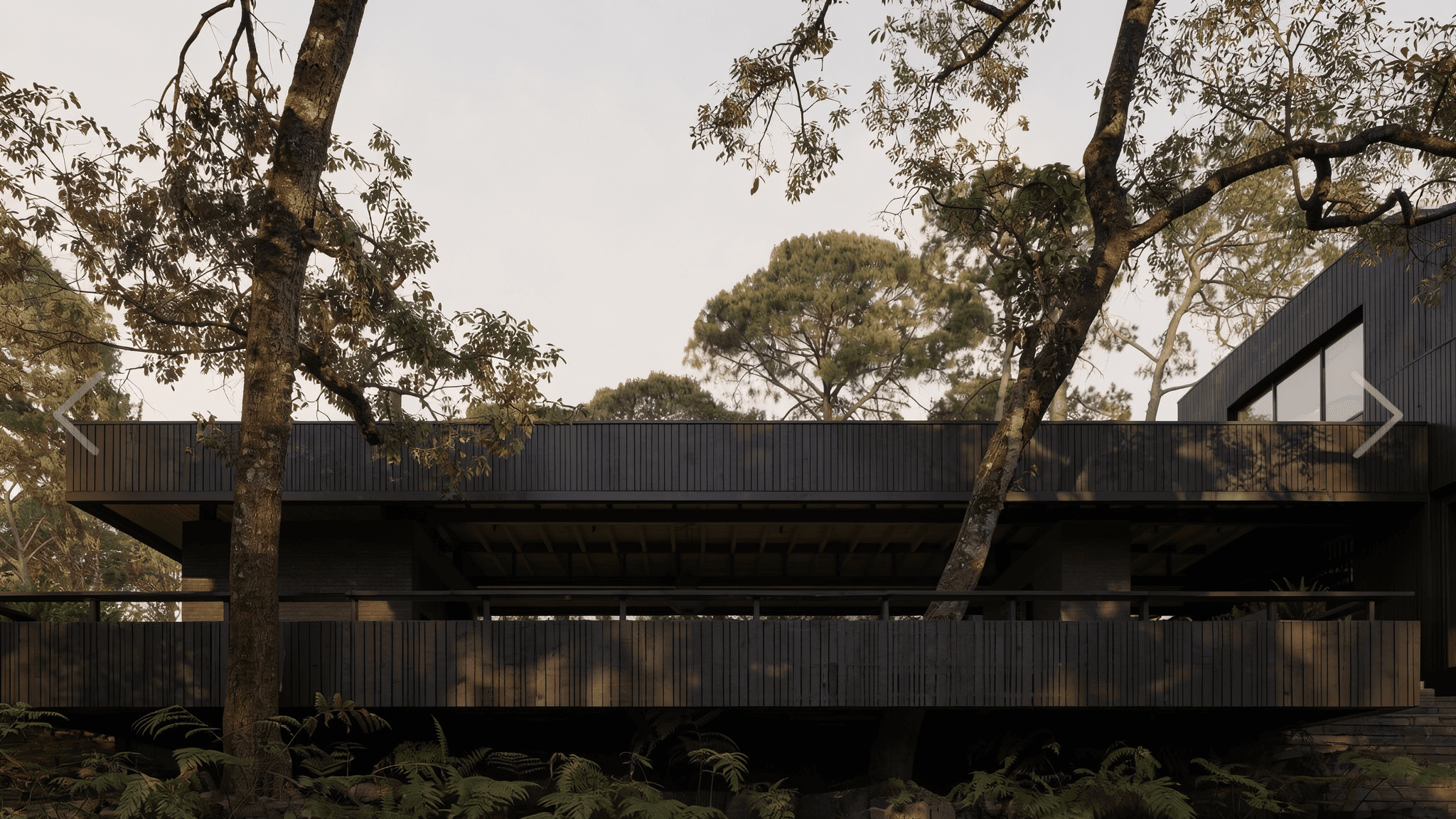 Modern house in the wood. AI-generated.