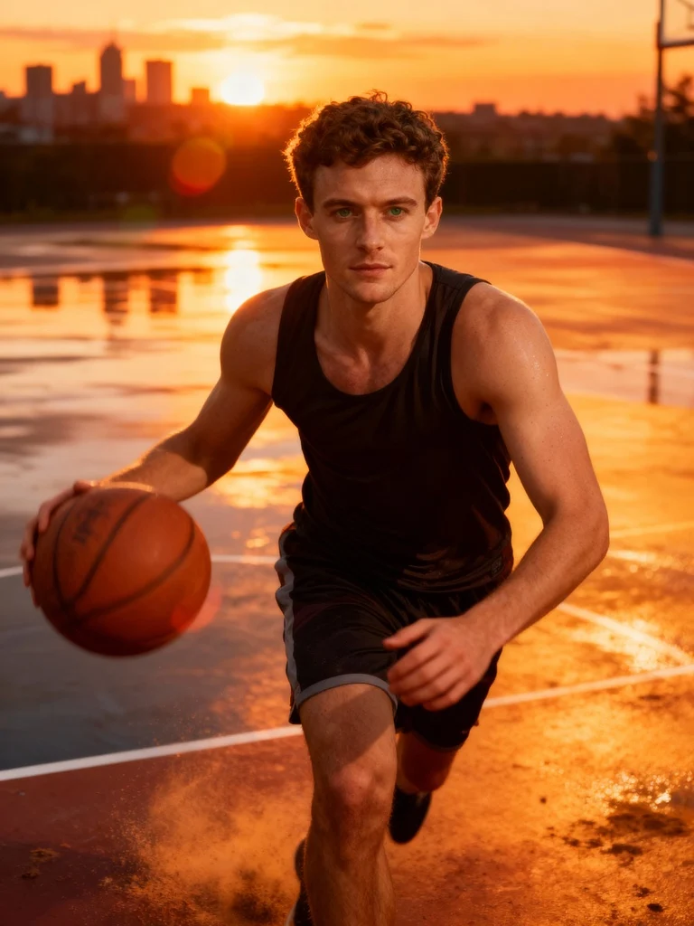veo 3.1 AI video of man dribbling basketball at sunset.