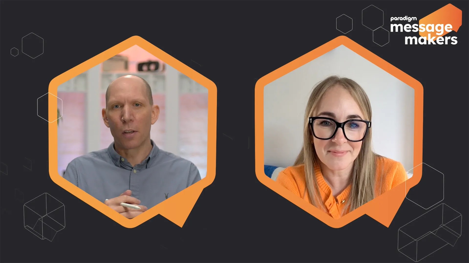 Screenshot of Beth Fear and Owen Vittanuova talking in the Paradigm Message Makers podcast