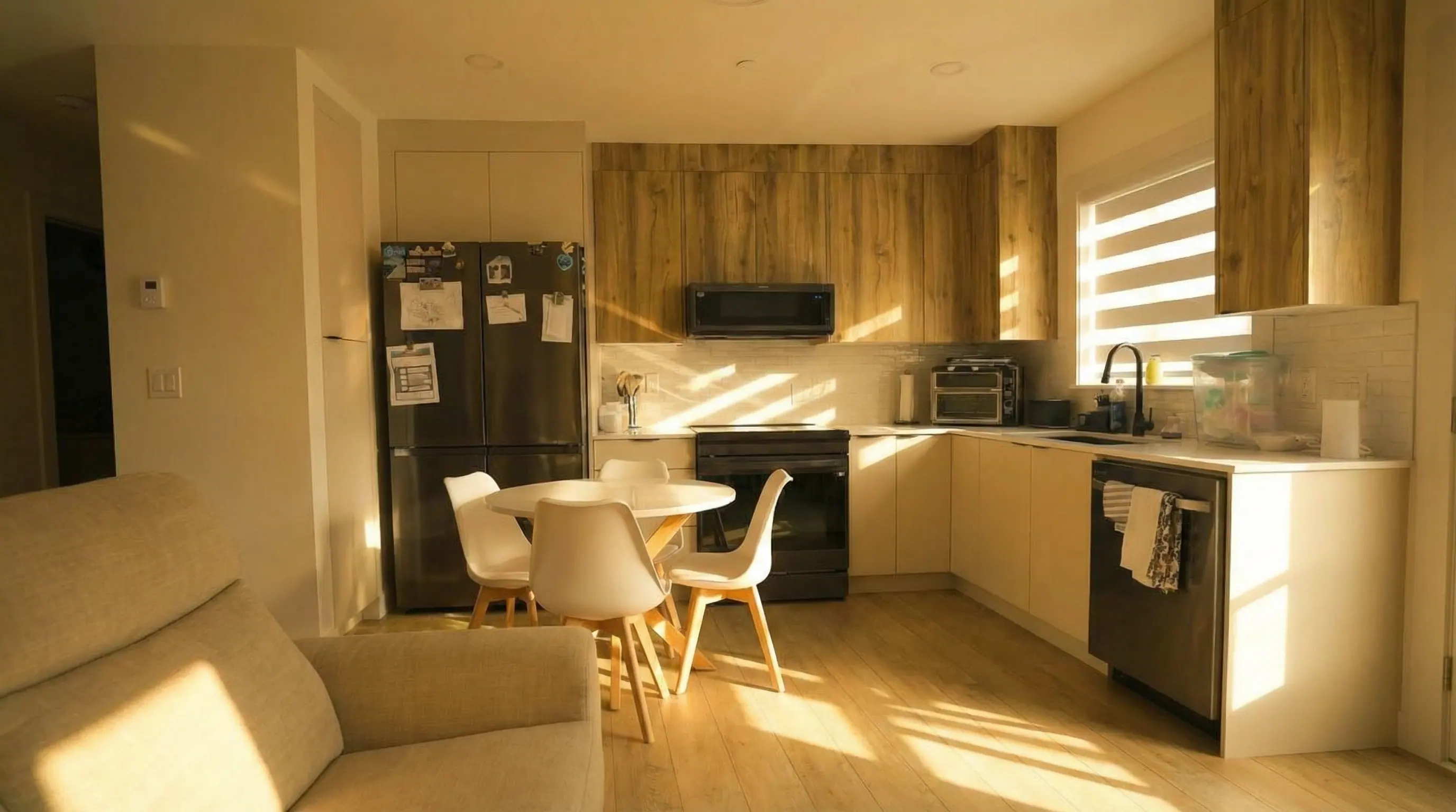 Open-concept kitchen and dining area in Vancouver Custom Homes West 68th laneway home featuring wood upper cabinets, white lower cabinets, stainless steel appliances, round dining table, and hardwood floors with natural light