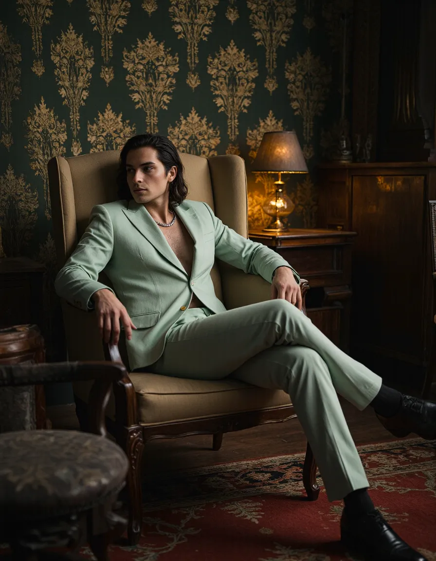 Man in sage green suit seated in vintage chair against ornate wallpaper in moody editorial fashion portrait