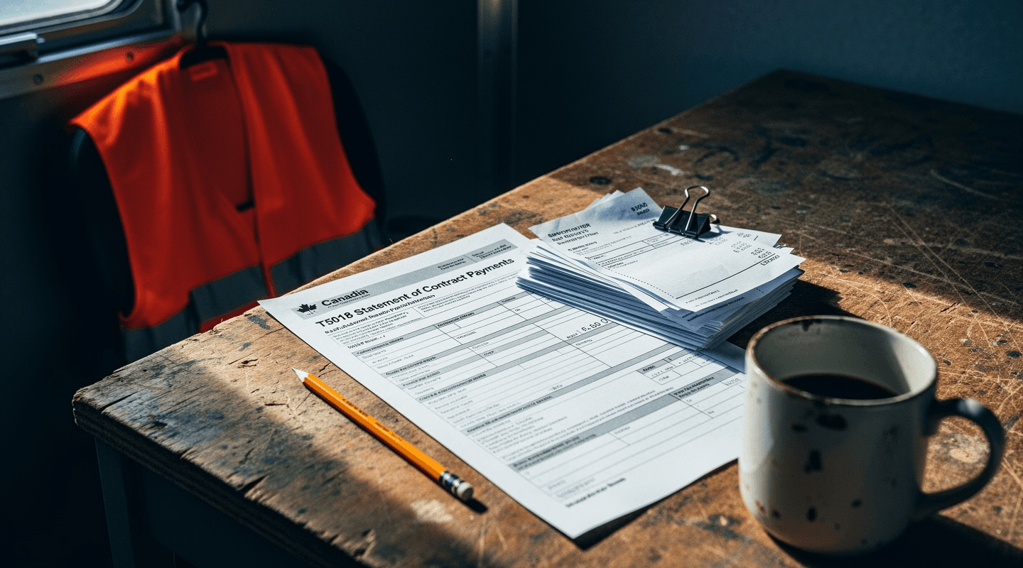 A printed T5018 Statement of Contract Payments slip on a jobsite-trailer wooden desk with a subcontractor invoice stack alongside