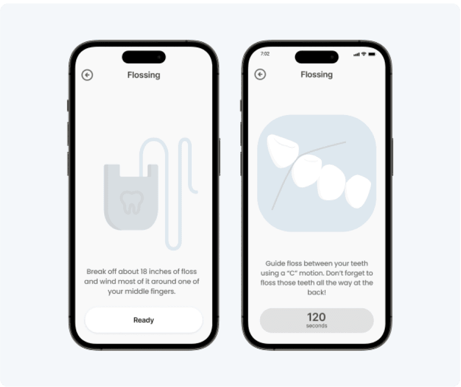 Smartphone screens displaying specific oral care activity instructions, guiding users through steps for brushing, flossing, and maintaining dental hygiene with detailed visuals.