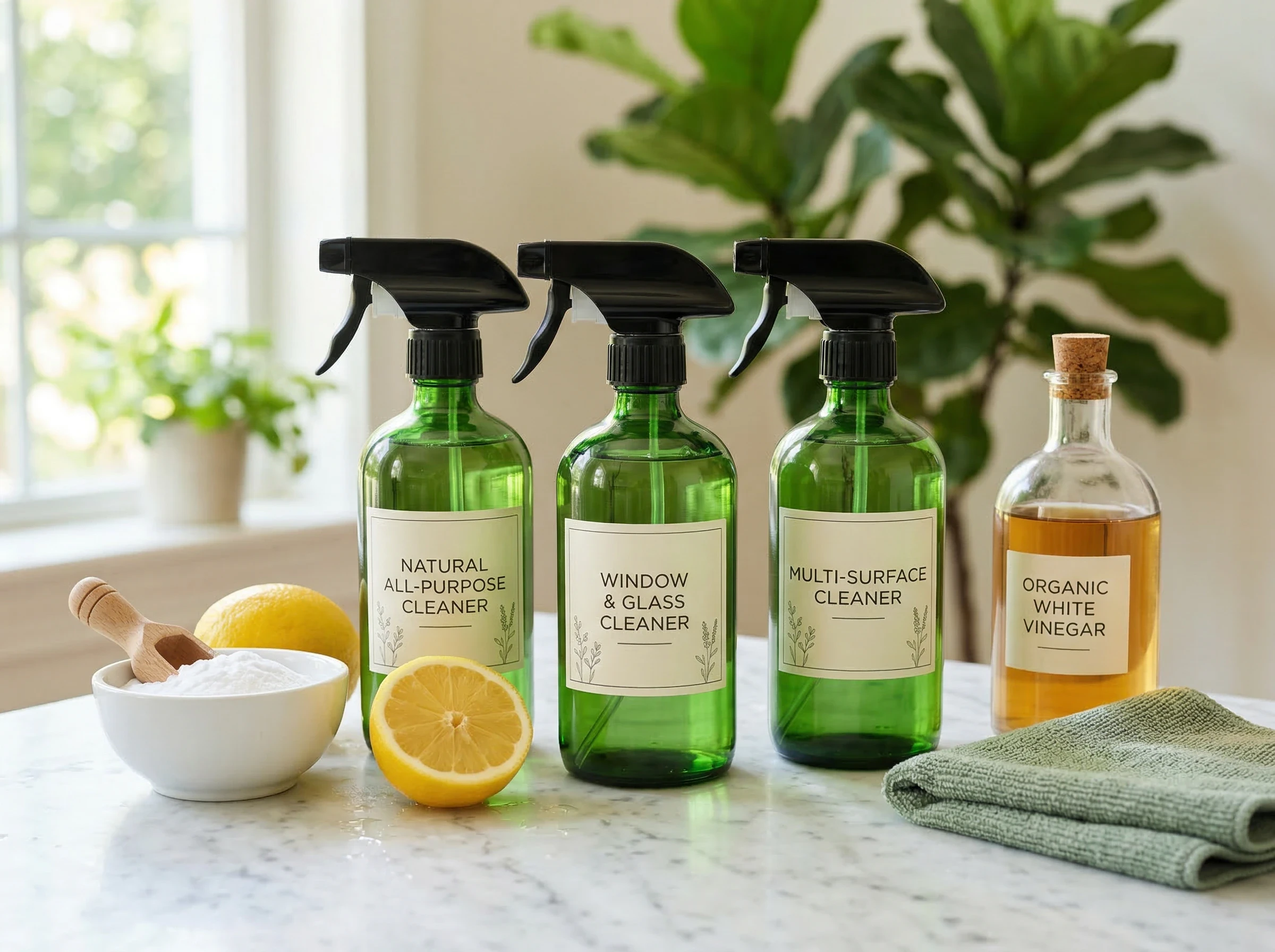 Three green spray bottles labeled cleaners, with lemon and vinegar on a countertop.