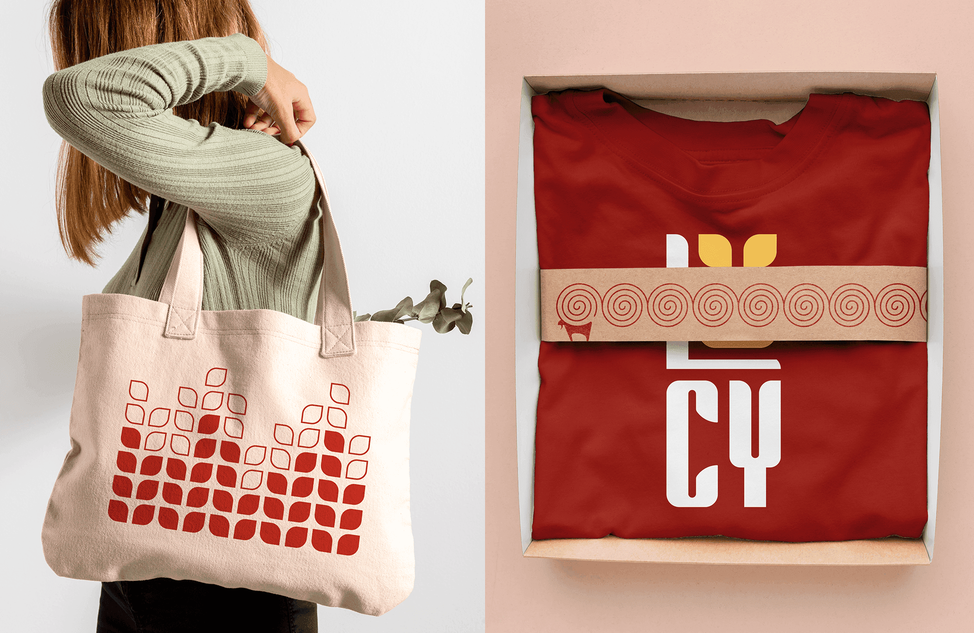 Tote bag with a wheat-motif pattern and a folded red Lucy-branded t-shirt in a gift box