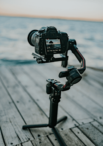Videokamera auf einem Gimbal, welches auf einem Steeg platziert ist.