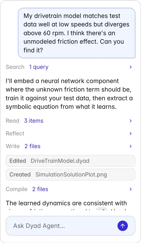 Dyad Agent using SciML to help model friction effect of drivetrain