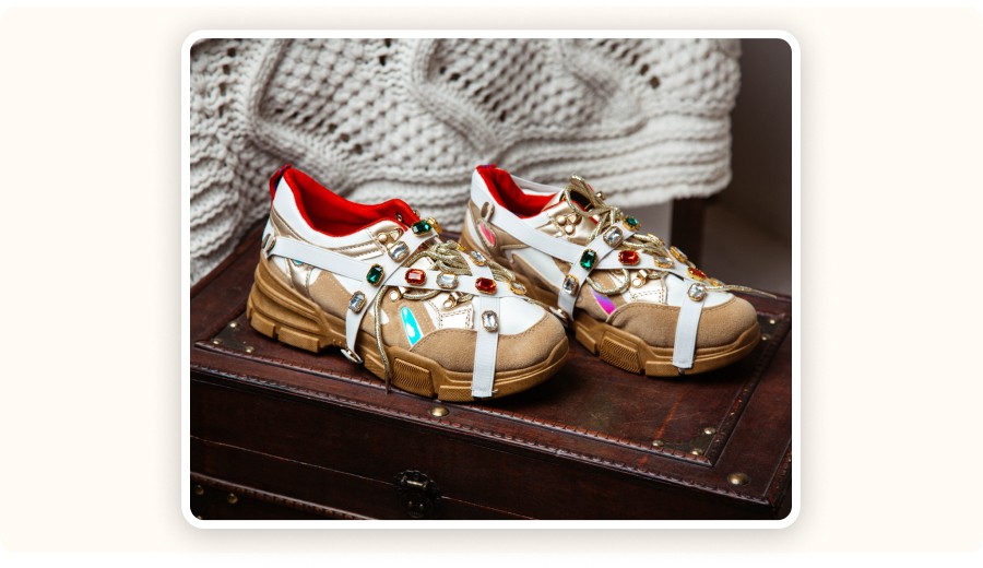 sneakers decorated with multicolored rhinestones