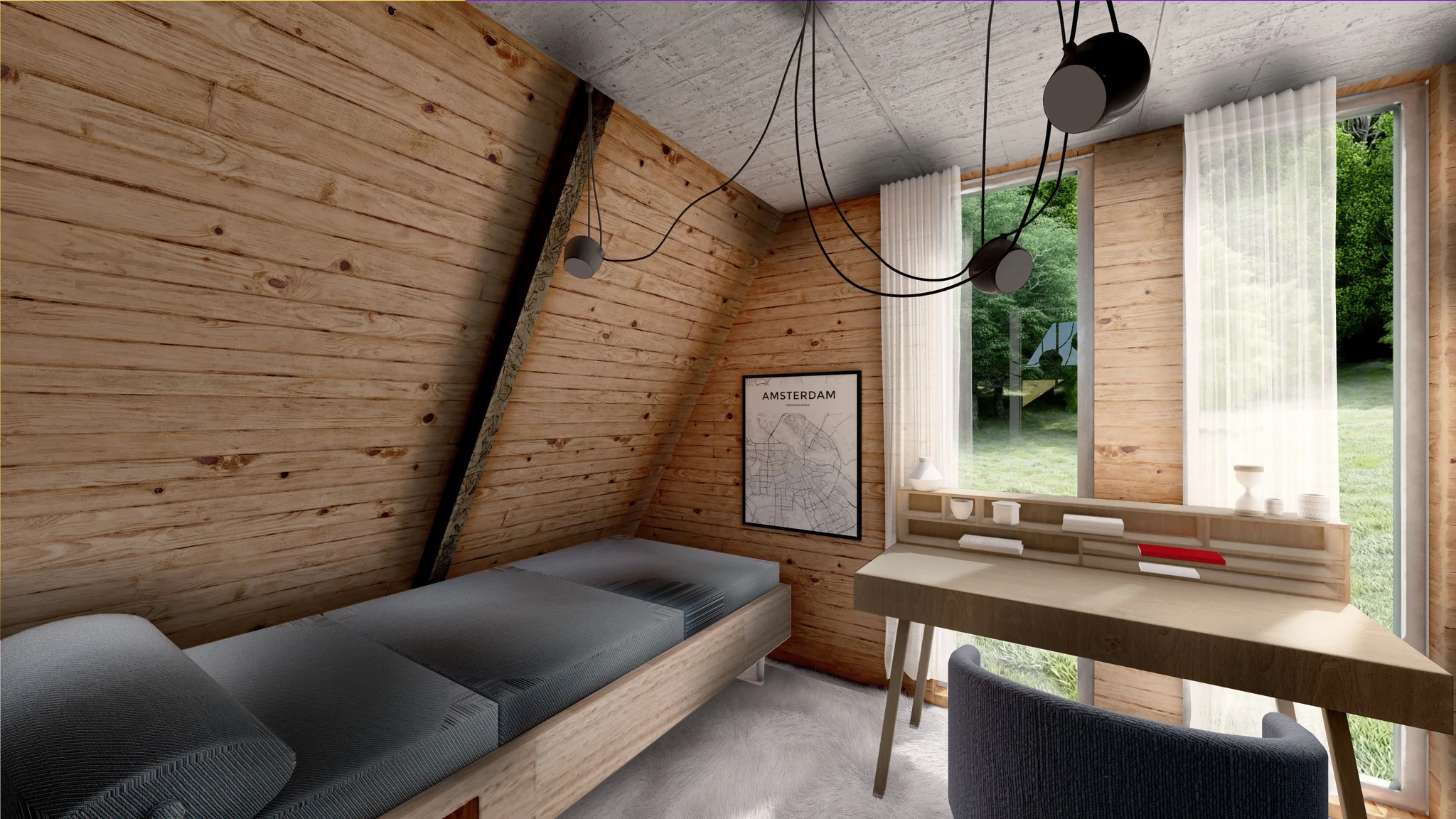 A cozy bedroom with a comfortable bed and a window providing natural light and a view.