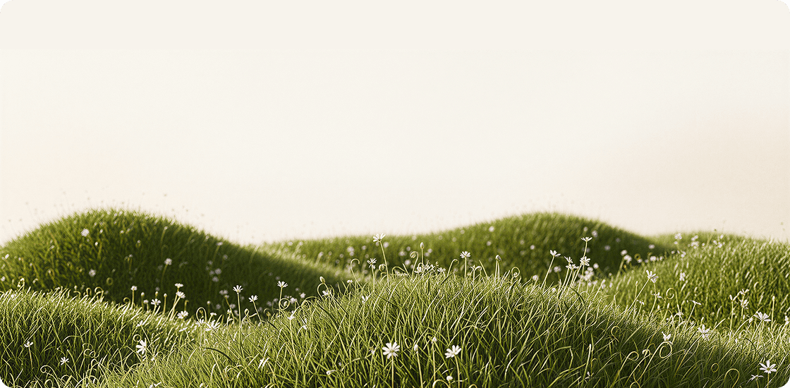 A serene, minimalist 3D landscape of soft, rolling hills covered in lush green grass and small white daisies. The hills have a smooth, velvety texture and are set against a soft, bright cream sky, creating a calm and natural atmosphere