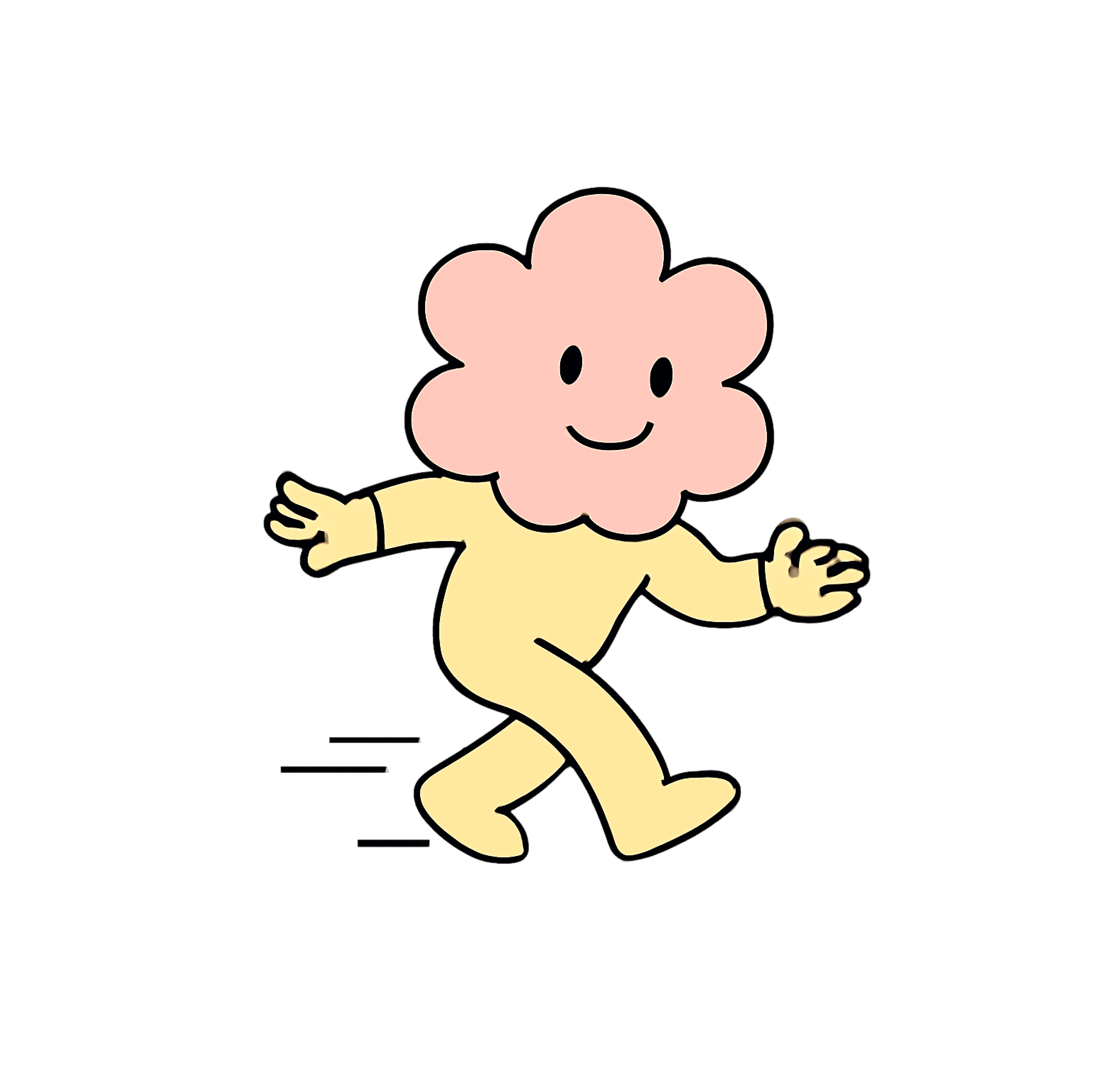 Flowerhead, the Flowgenix mascot, smiling and walking with motion lines behind.