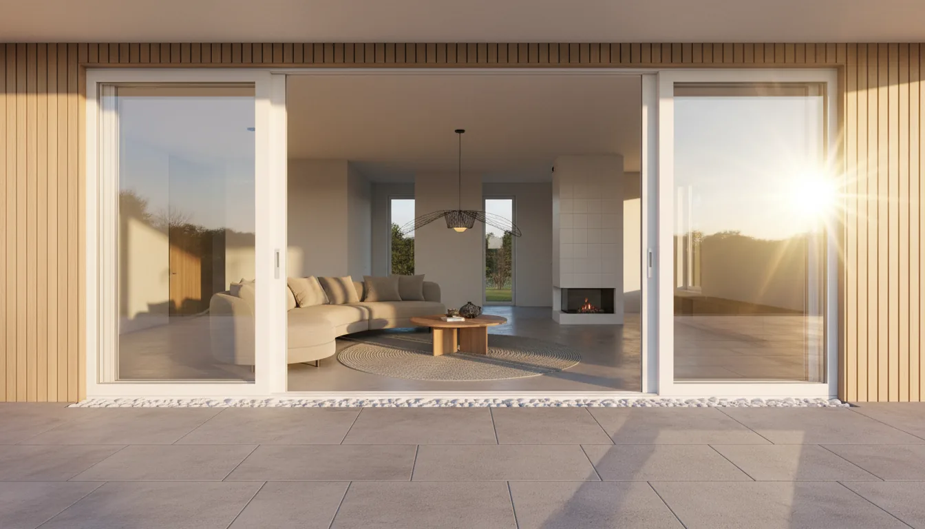 DSLR photo, architectural visualization of a modern Scandinavian-style home interior during golden hour. The view is from an outdoor patio, looking through large white-framed glass sliding doors into an open-plan living room. Warm sunlight streams from the right, creating a bright glow and soft shadows. The interior features polished concrete floors, a curved beige sofa, a round wood coffee table on a circular rug, and a modern black circular pendant light. The exterior wall is clad in vertical light wood panels, with a bed of white river stones along the base of the glass doors. Photorealistic, hyper-detailed, sharp focus, clean lines.