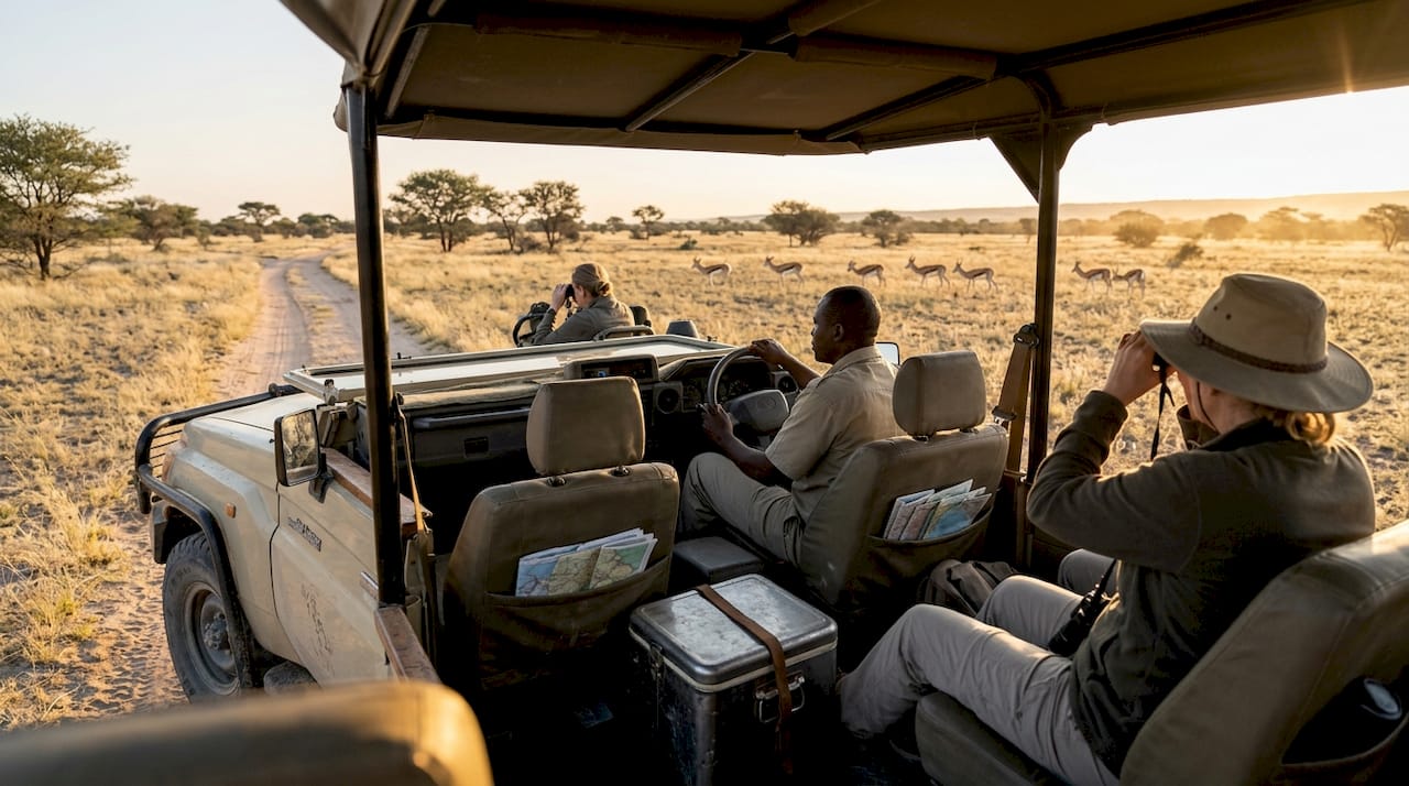 Namibia safari guide and tourists at sunrise