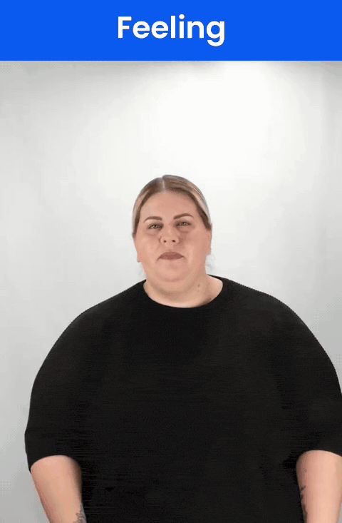 Animated GIF: a Deaf signer signs FEEL in ASL, the bent middle finger brushing up the chest twice.