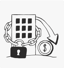 Illustaion of home chained with lock. It denotes that staying in rental house means locking away your peace and privacy.