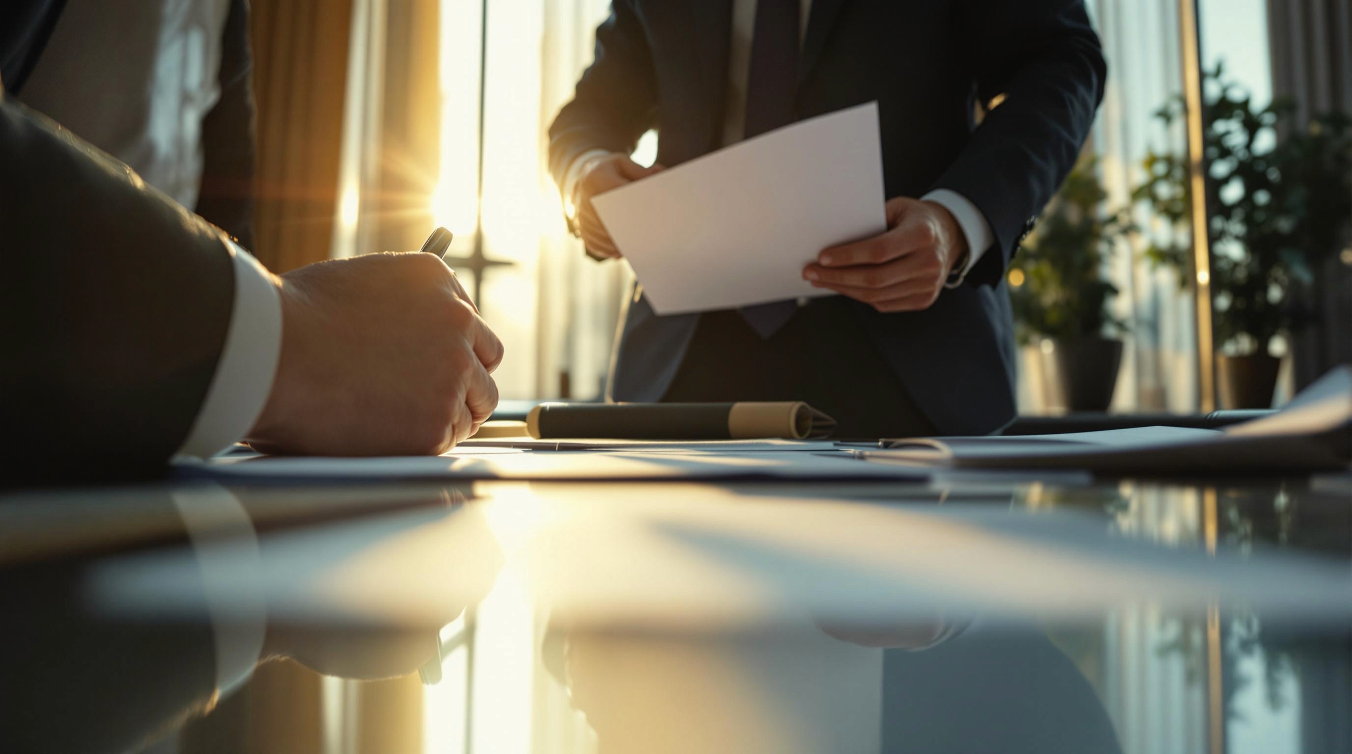 A smiling woman with long brown hair wearing a white blouse sits at a desk in a bright, modern office space, working on a silver laptop. Large windows in the background let in natural light, and a few green plants add a touch of freshness to the scene