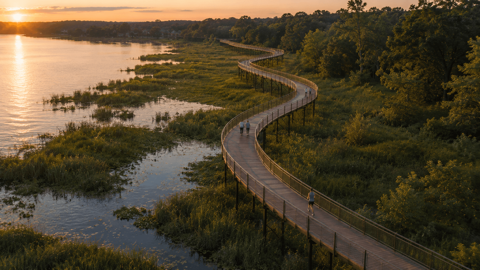 Elevated nature trail through the wooded landscape at Lake Sara