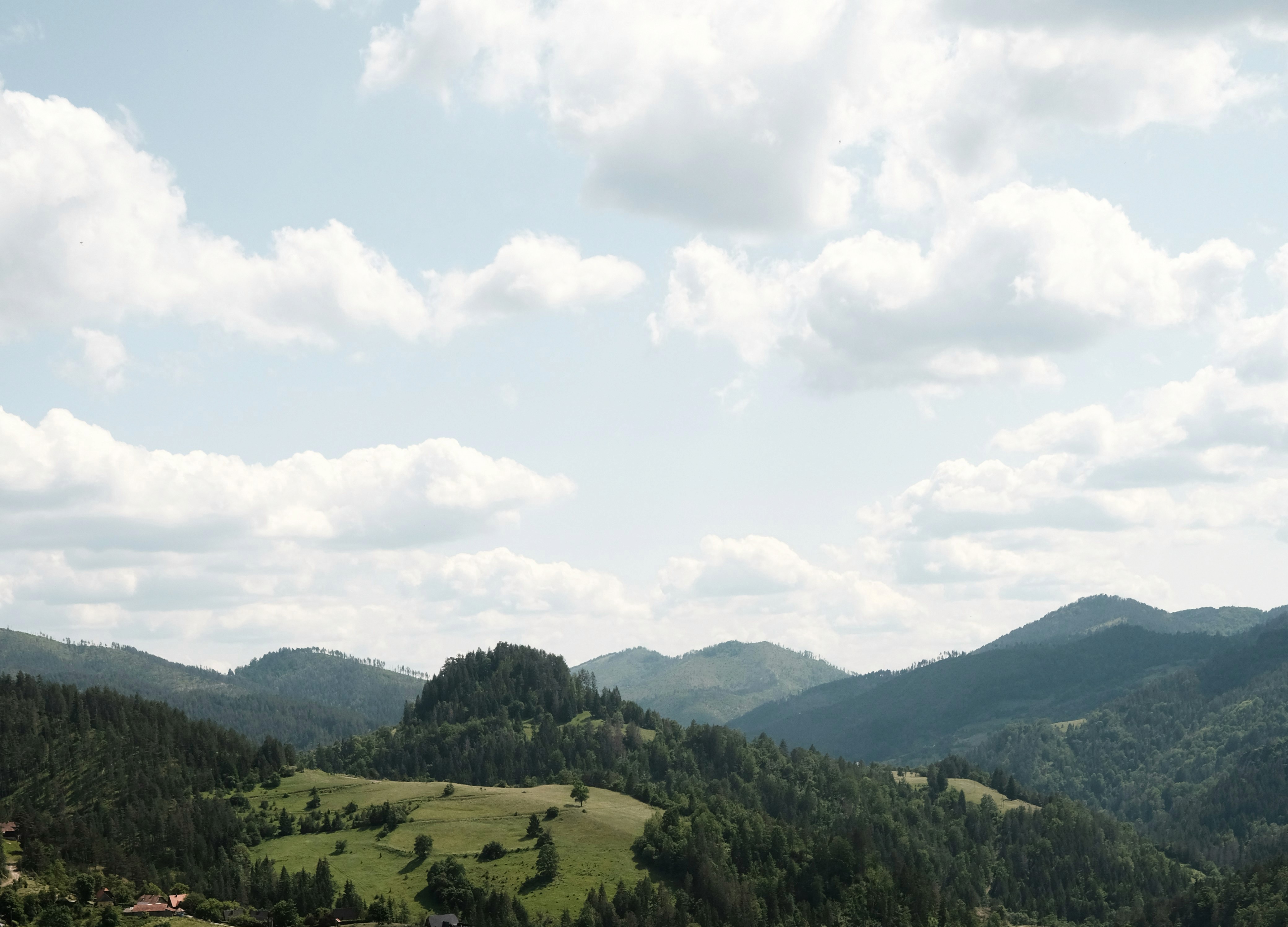 Landschaft mit Hügeln, bewaldeten Bergen, grünen Wiesen und blauem Himmel mit Wolken. Naturszene