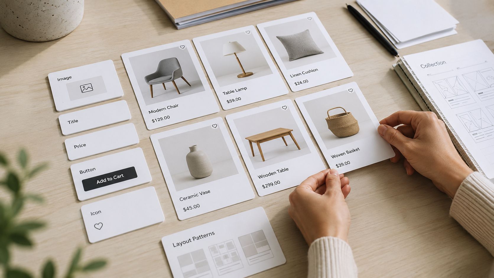 A person holding a product card design over a desk featuring various UI elements and wireframe sketches.