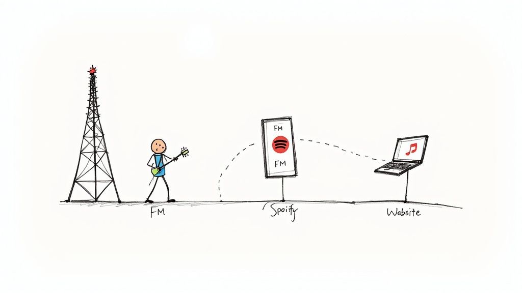 Cartoon illustrating music distribution from a guitarist via FM radio and Spotify to a website.
