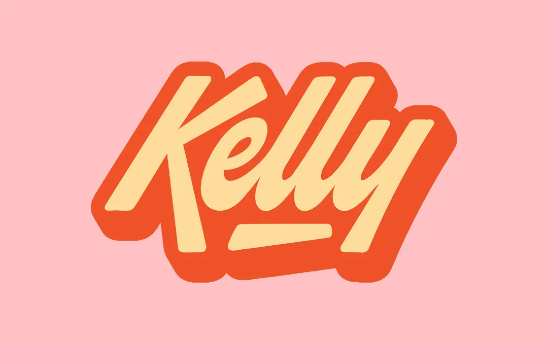 Kelly logo design in retro peach script typography