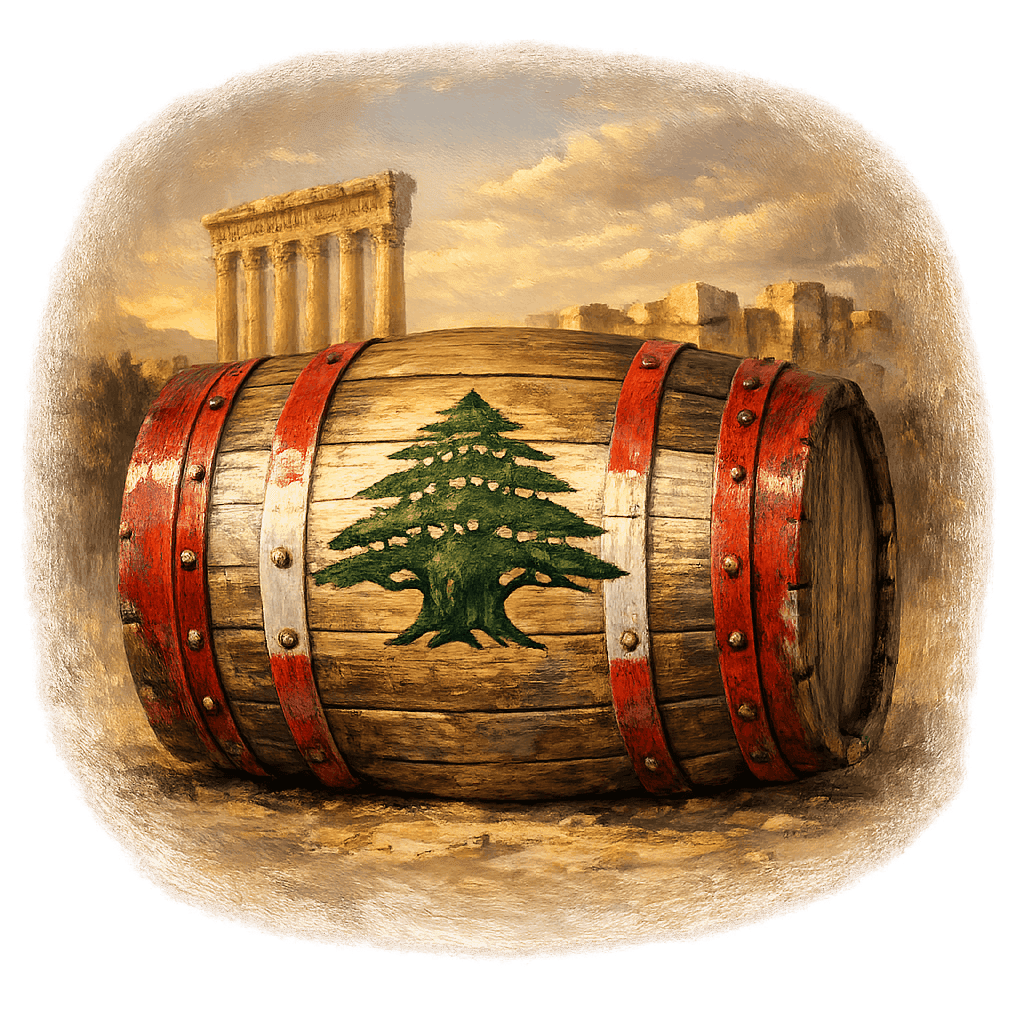 Wine barrel featuring the Lebanon national emblem for regional wine education.